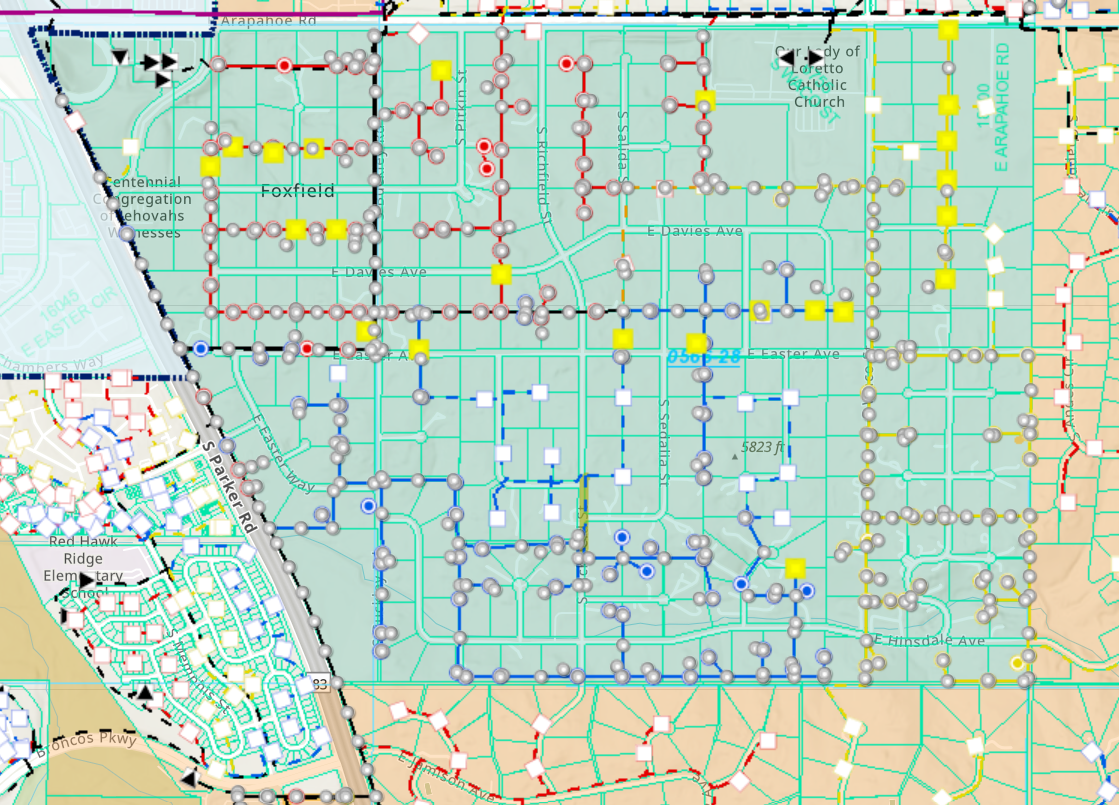 Map indicating CORE pole locations in Foxfield. Yellow dots indicate repair locations. If you need help making this map accessible please call the Clerk at 303-680-1544 or email at clerk@townoffoxfield.com